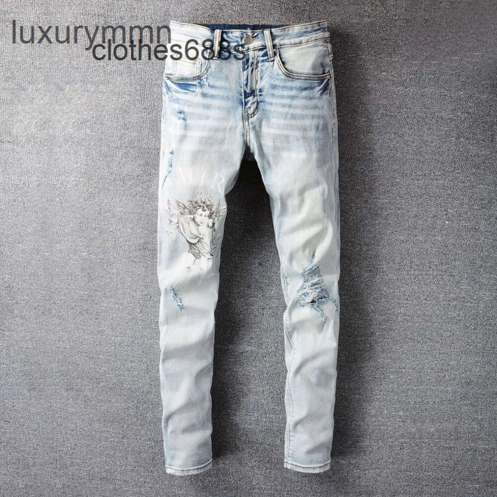 designer Men's Jeans PantsNew US Amirrss casual hip hop high street worn out and worn washed splash ink color painting Slim Fit Jeans Men's DEEG