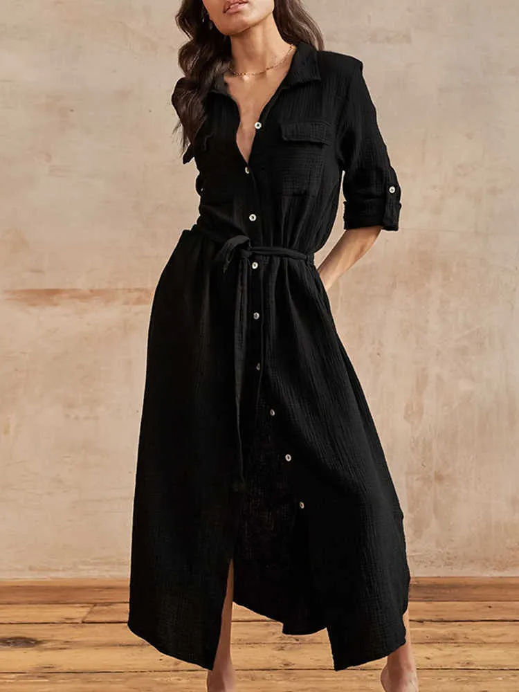 Casual Shirt Dress Women 2023 Summer Linen Lace Up Single Breasted Midi Female Dresses Solid Side Split Elegant Lady Robe