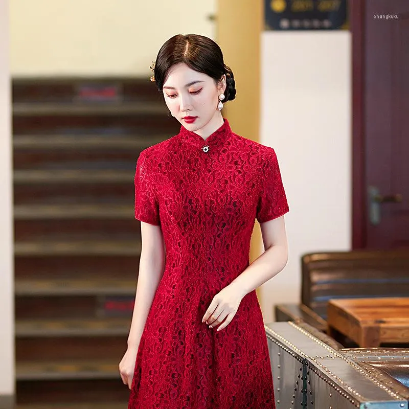 Ethnische Kleidung 2023 Rot Kurzarm Spitze Cheongsam Retro Verbesserte Slim Quipao Brautkleid Hochzeitskleid Qipao Modern