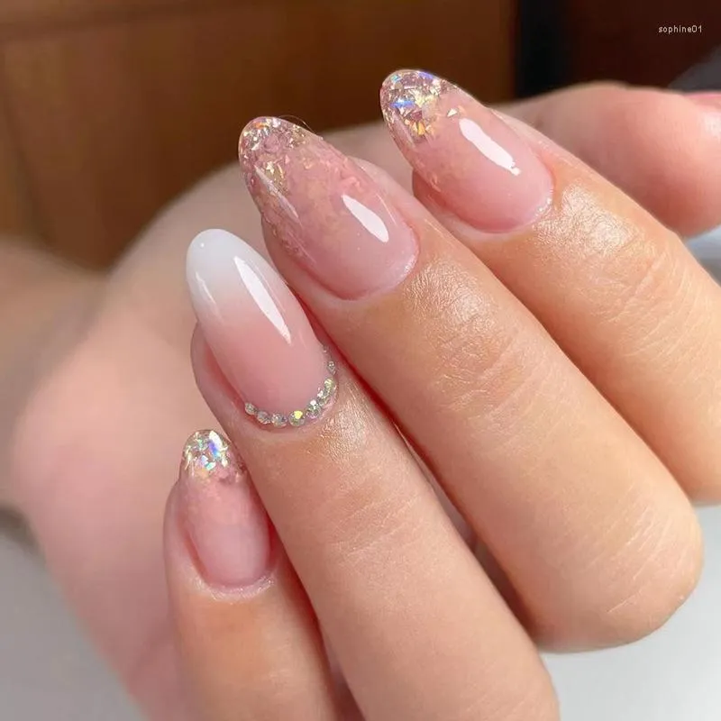 False Nails 24pcs/Box Pink Glitter 프랑스어 젤리 접착제 전체 덮개 재사용 가능한 아크릴 가짜 프레스 on