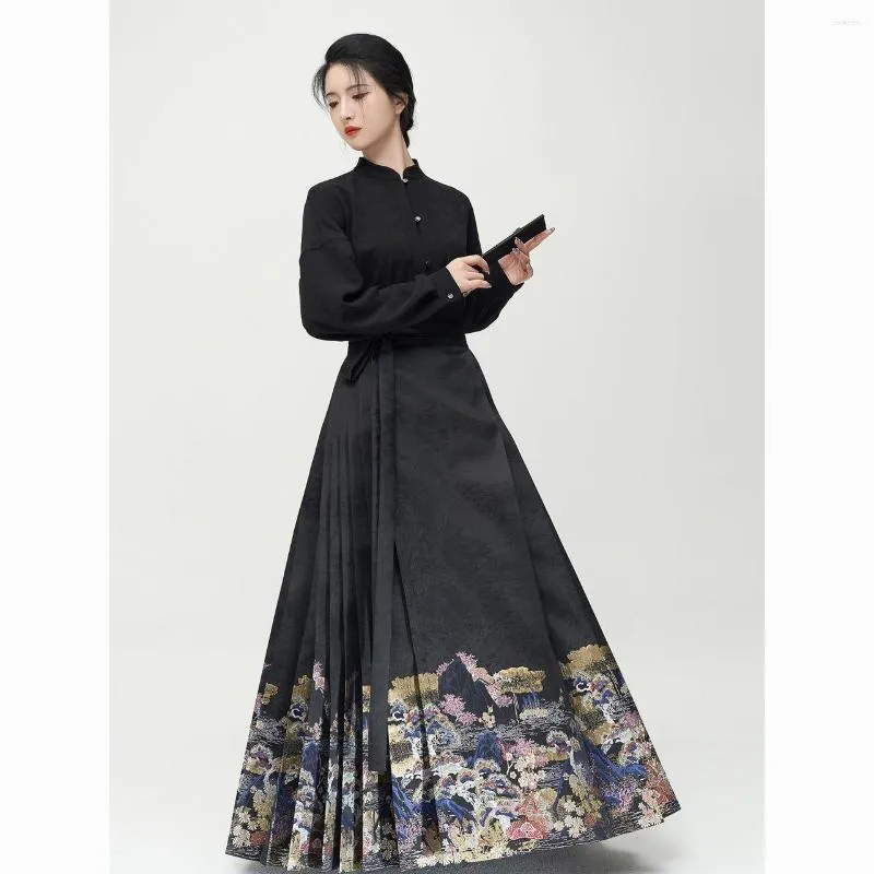 Ethnic Clothing 2023 Hanfu Exquisite Everything National Style Stand-up Collar Short Shirt Printed Horse Skirt Spring And Autumn