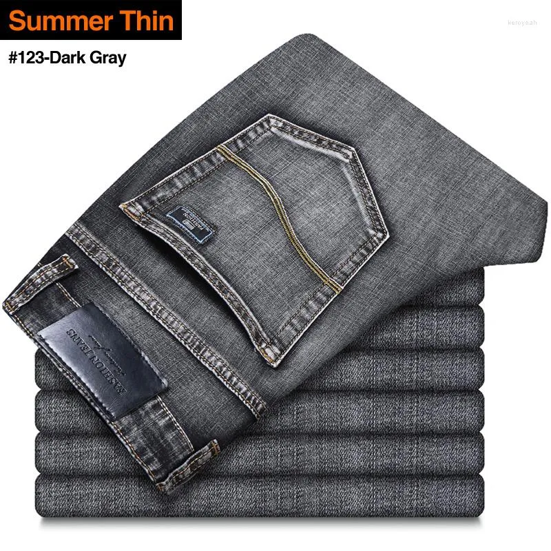 Männer Jeans 2023 Klassische Stil Grau Business Mode Weiche Stretch Denim Hosen Männliche Marke Fit Hosen Schwarz Blau