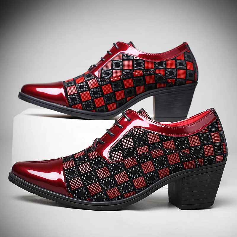 Klänningskor Fashion Red Plaid Men's Pointed Leather High Heel Men Höjd ökar bröllop Zapatos Hombre 230905