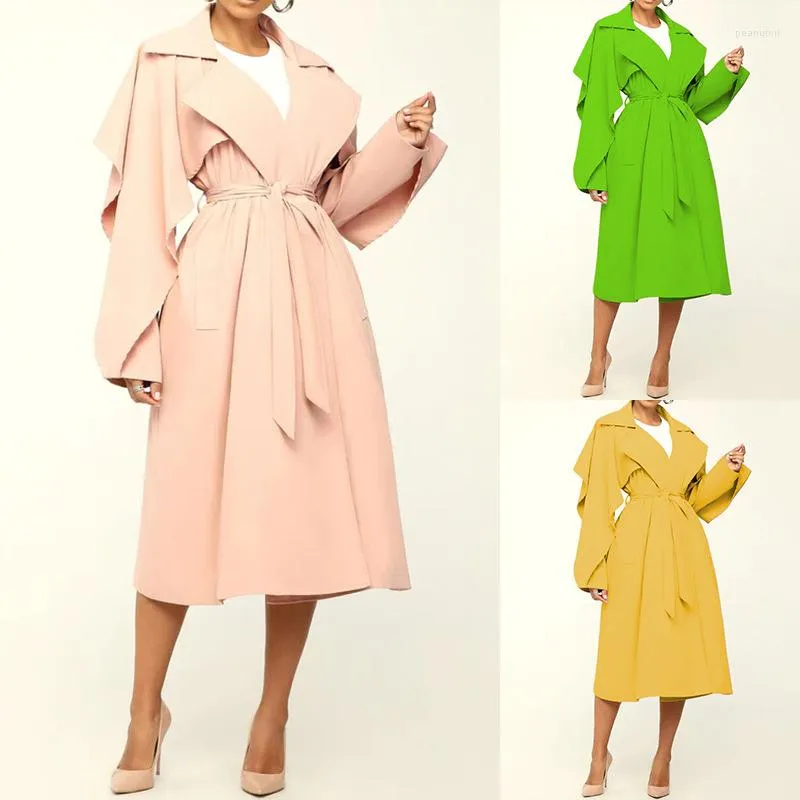 Women's Trench Coats Women Casual Coat 2023 Autumn Winter Fashion Temperament Lapel Yellow Green Ruffles Medium-length Windbreaker Jacket