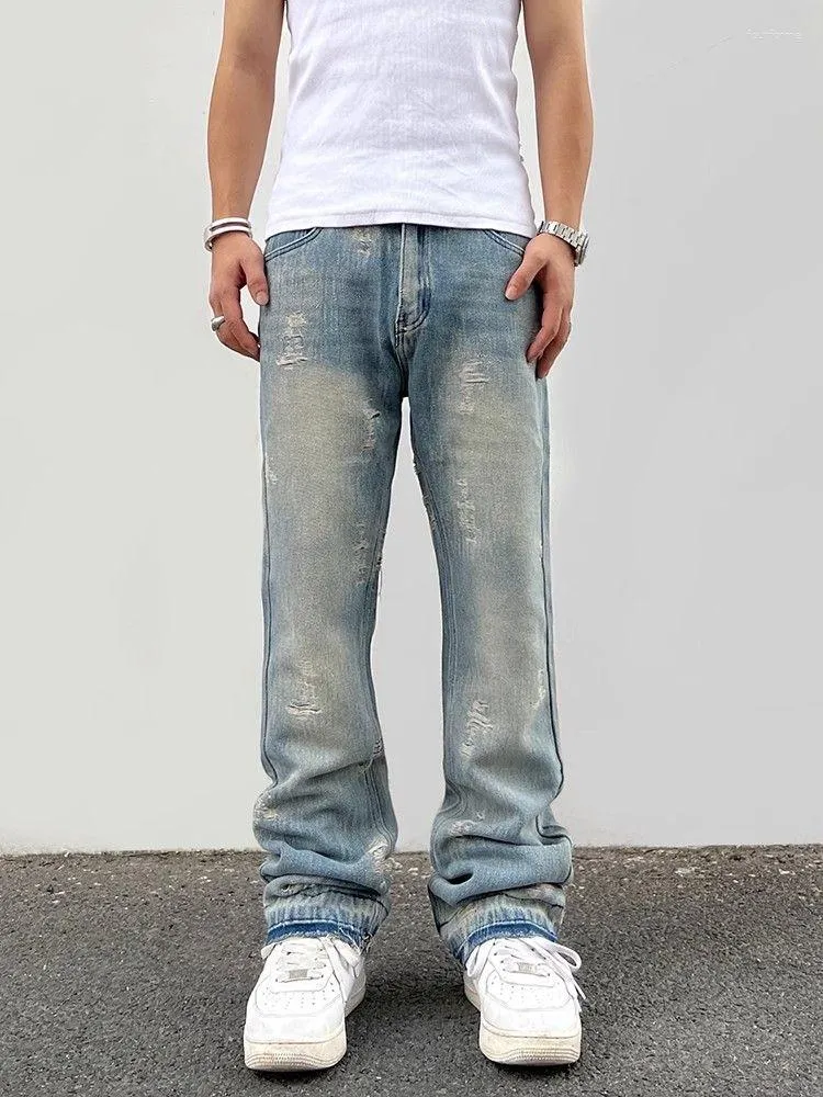 Jeans pour hommes High Street Rétro En détresse Bord Rugueux Jambe Droite Avec Lâche Lavé Micro Évasé Polyvalent Pantalons Longs Hommes