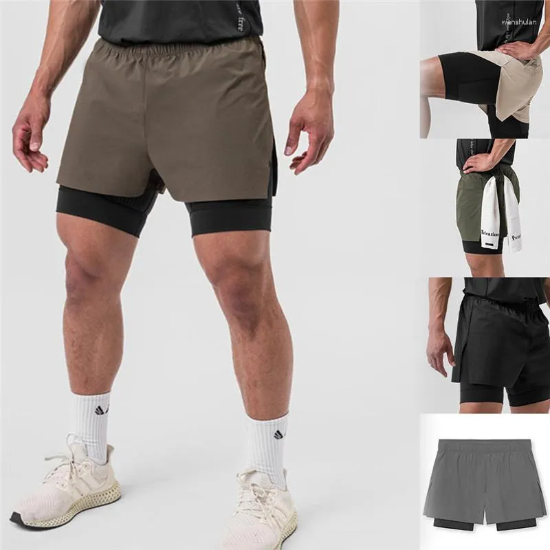 Running Shorts 2023 Gym Sports 2-i-1 Dubbelskiktad fast färg Snabbtorkning Summer Fitness Training Men's Jogging