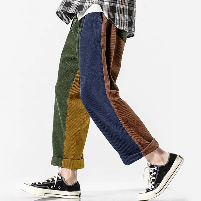 Erkek pantolon charmkpr pantolon çok renkli patchwork kadife pantalonlar gündelik sokak kıyafetleri erkek fermuar uçuş düz uzun S2XL 230906