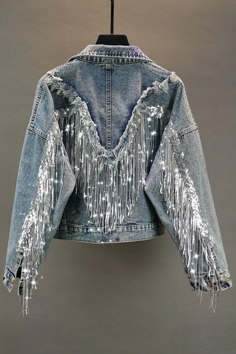 Fringed Sequin Denim Jacket: Women's Spring Retro BF Loose Short Jean Top  Trendy Chaqueta Chaquetas