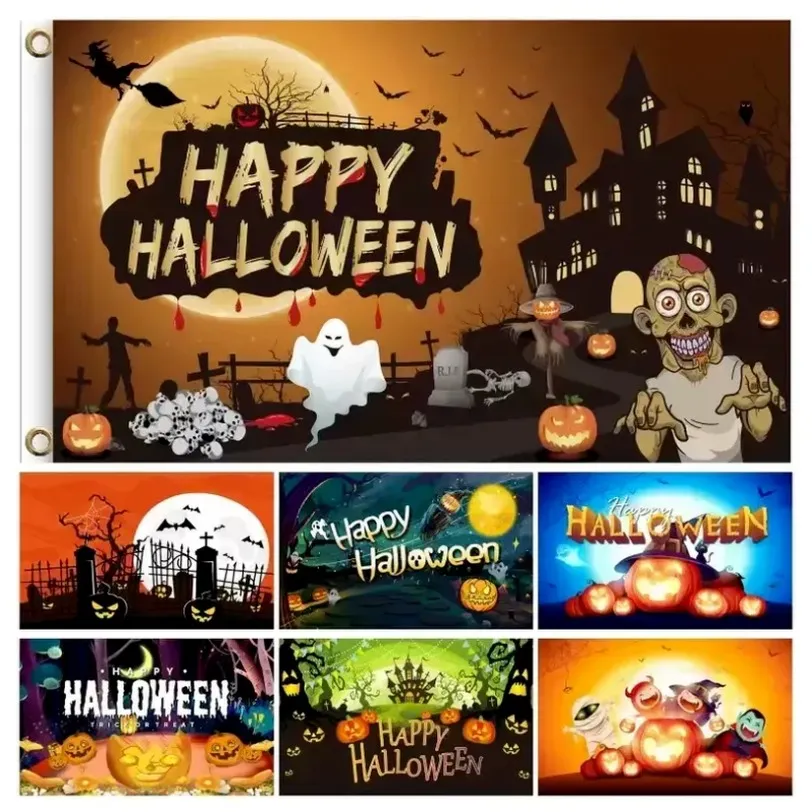Halloween Banner Bakgrund Flags Horror Theme Party Decorations Lantern Pumpkin House Flag 37 Styles SXAUG06