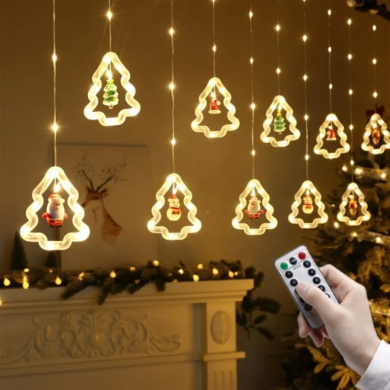 クリスマスの装飾が導かれたカーテンストリングライトガーランドUSBフェアリーフェストゥーンは部屋の窓の寝室の年の装飾230905のためのリモコンと