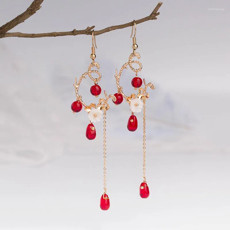 Boucles d'oreilles pendantes Style ancien Han vêtements chinois longue cour rétro avec pince d'oreille féerique fleur Hanfu