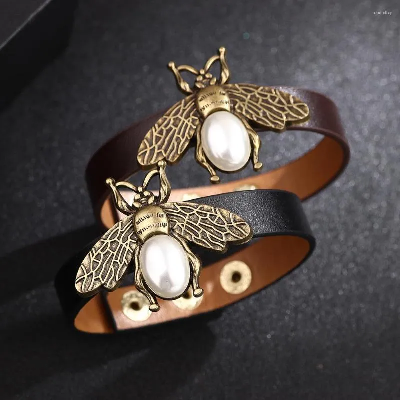 Charme pulseiras vintage abelha pérola encantos pulseiras para mulheres homens simples ajustável couro inseto pulseira na moda jóias presentes