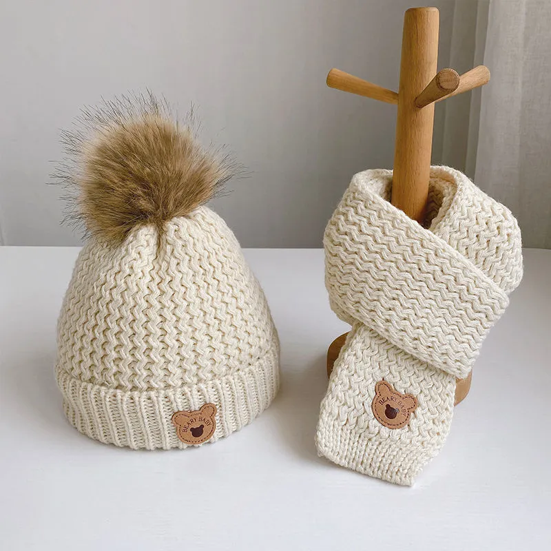 M649 nouveau hiver bébé enfants tricoté chapeau écharpe dessin animé ours fausse fourrure boule crâne casquettes polaire bonnets enfants chauds chapeaux écharpes