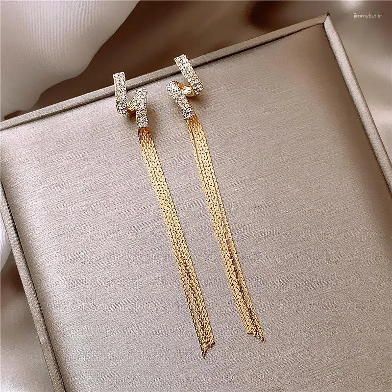 Brincos de bronzeamento francês Long Tassel Tassel Stromestone Full Drop For Women Gold Color Color Geométrico Jóias de Moda de Luxo Pendiente Pendiente Pendiente Presentes