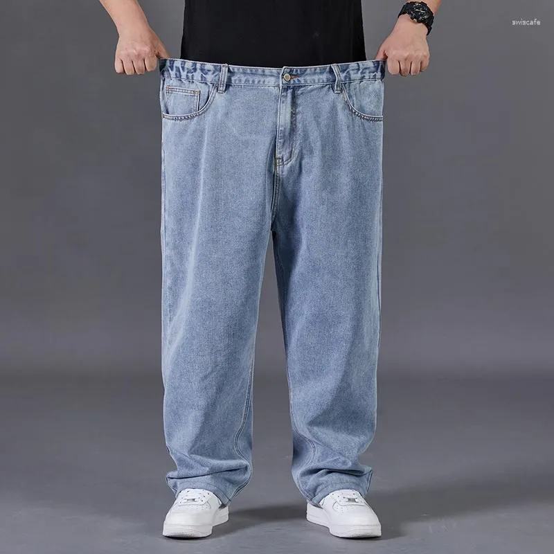 Jeans masculinos plus size 46 48 50 solto elástico cintura alta tubo reto calças de grandes dimensões lazer profunda virilha obesidade