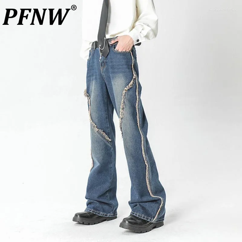 Men's Jeans PFNW Tide Wide Leg Design High Waist Denim Pants Spring Autumn Loose Ragged Edge Elegant Fashion Trousers 12Z4541