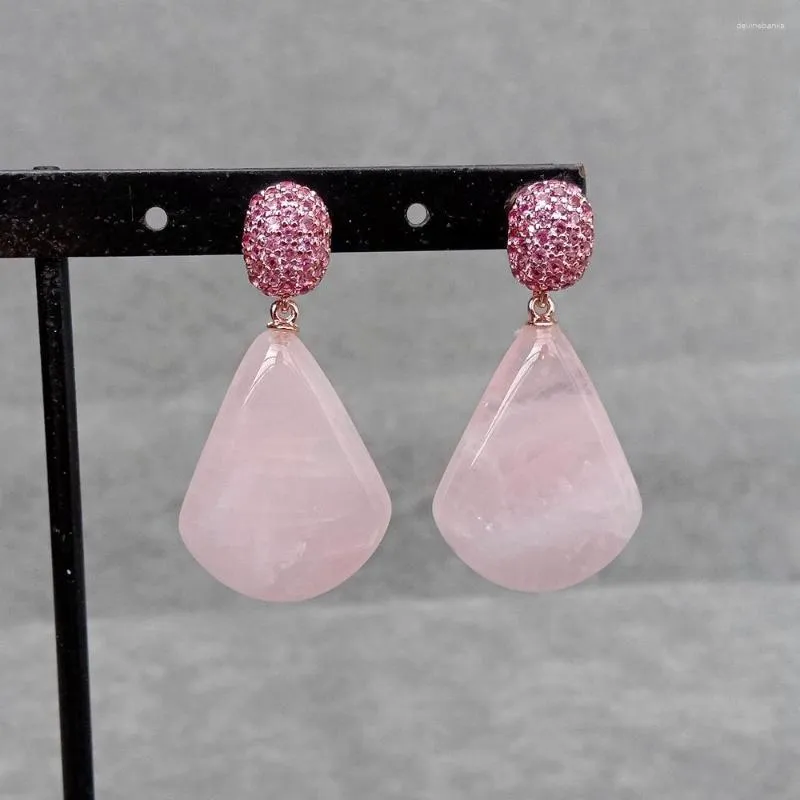 Ohrstecker KKGEM 20x25mm Fuchsia Cz Pave Natürlicher Rosenquarz Fächerförmiger Tropfen-Edelstein