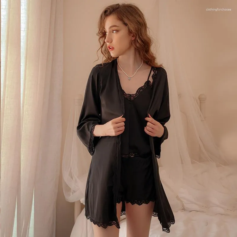 Women's Sleepwear Three Piece Ice Silk Pajamas For Women Set Lingerie Sexy Femme SuspenderLace Home Wear Pure Nightie Underwear