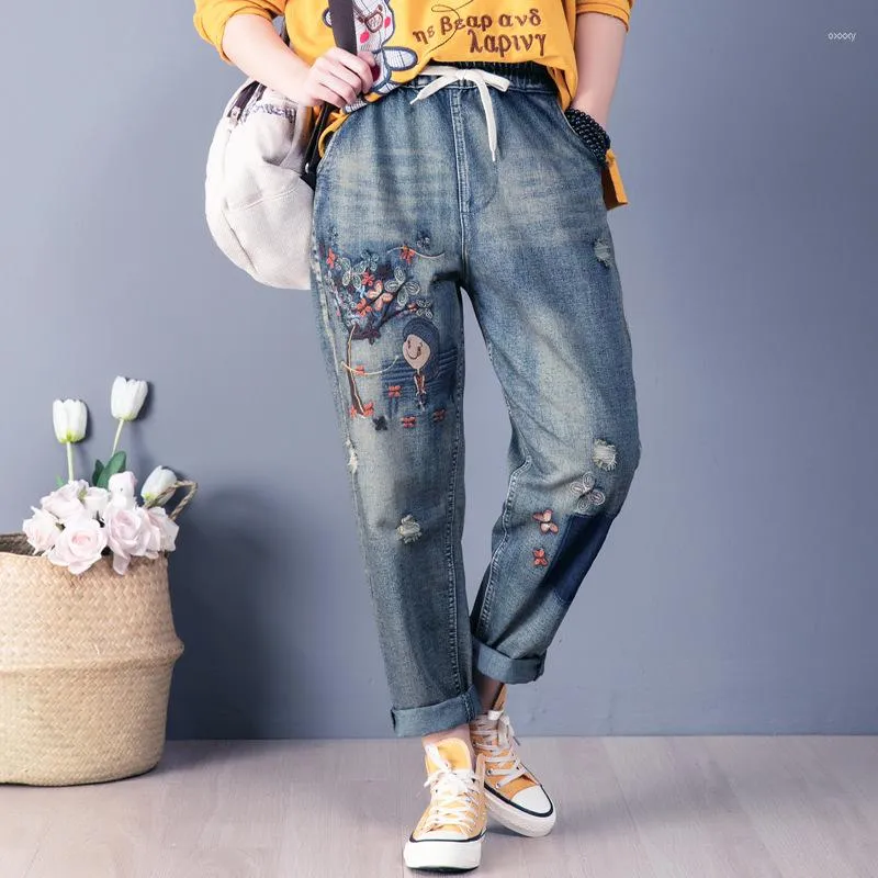 Jeans Femme Femmes Printemps Été Mode Corée Style Vintage Fille Sous Arbre Broderie Oversize Cheville Longueur Dame Femelle Lâche Harem Pantalon