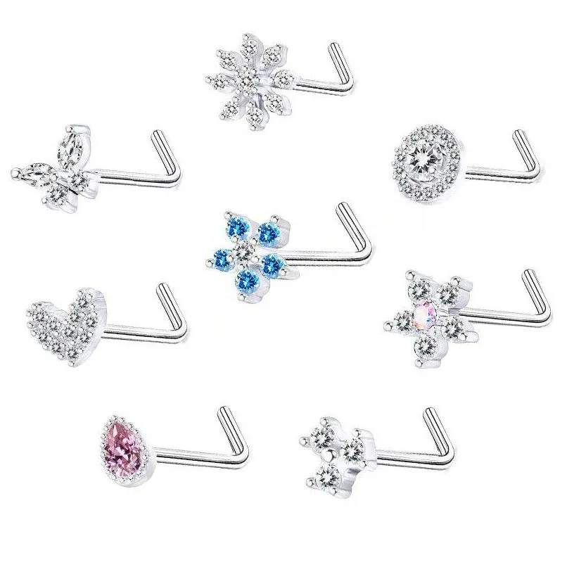 Näsringar tappar Flower Farterfly Zircon Stud Ring Rostfritt stål Skruv Nariz Bone Piercing Prong Punk Earring for Women Body Jew Dhrfa