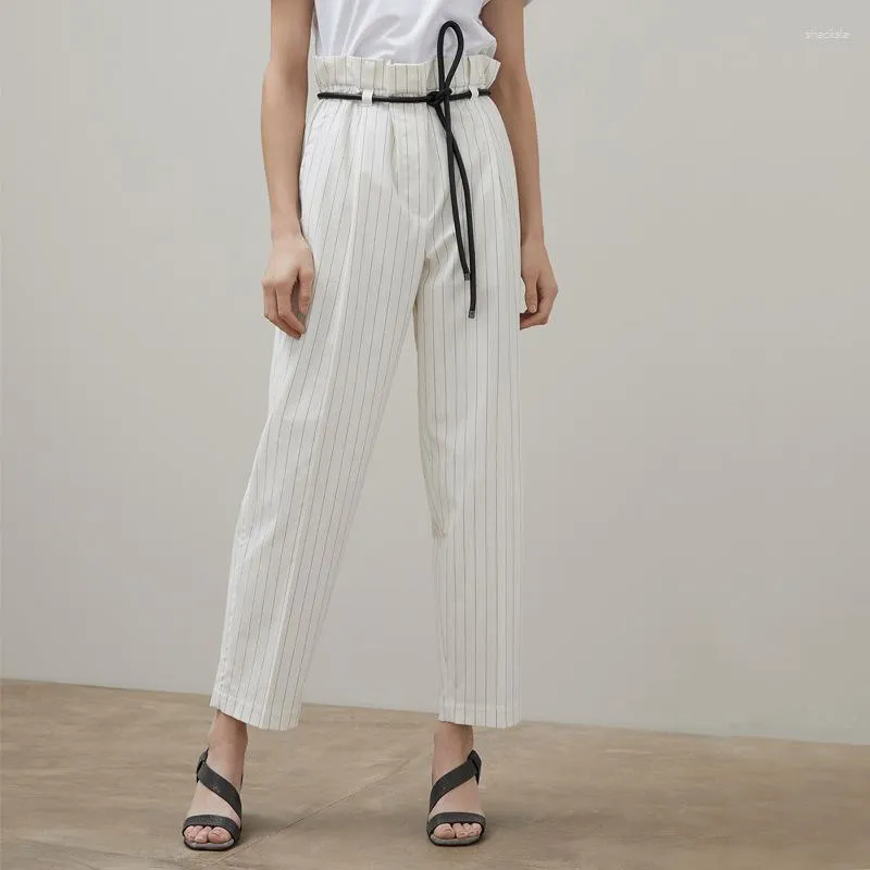 Women's Pants Pinstriped Leather Belt Design Casual Suit 2023 Spring And Autumn Trousers Women