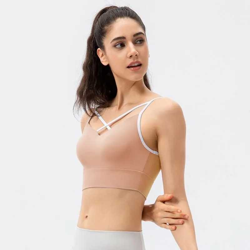 Womens Nude Strappy Cross Front Sports Bra Low Impact, Wirefree