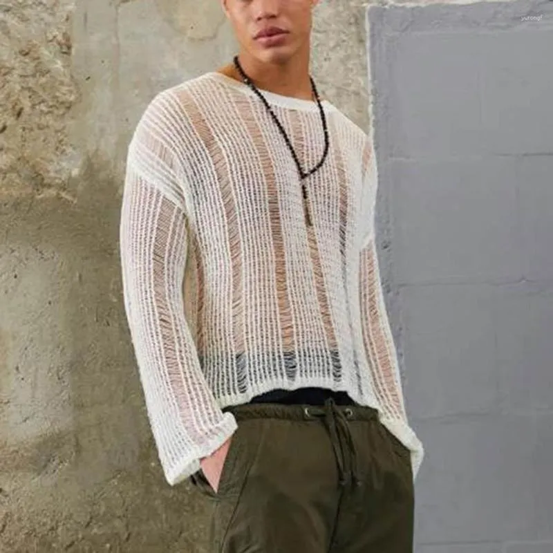 Pulls pour hommes Sexy Mens Mesh Voir à travers des manches longues Lâche Polyvalent Chemise en tricot Sous-vêtements Club Wear Débardeur bien que des chemises de pull