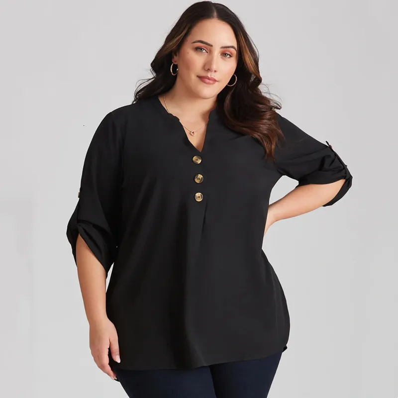 T-shirt grande taille pour femmes, col cranté, printemps automne, chemisier décontracté, manches retroussées, haut ample, grand bouton vers le bas, tunique noire 6XL 230906