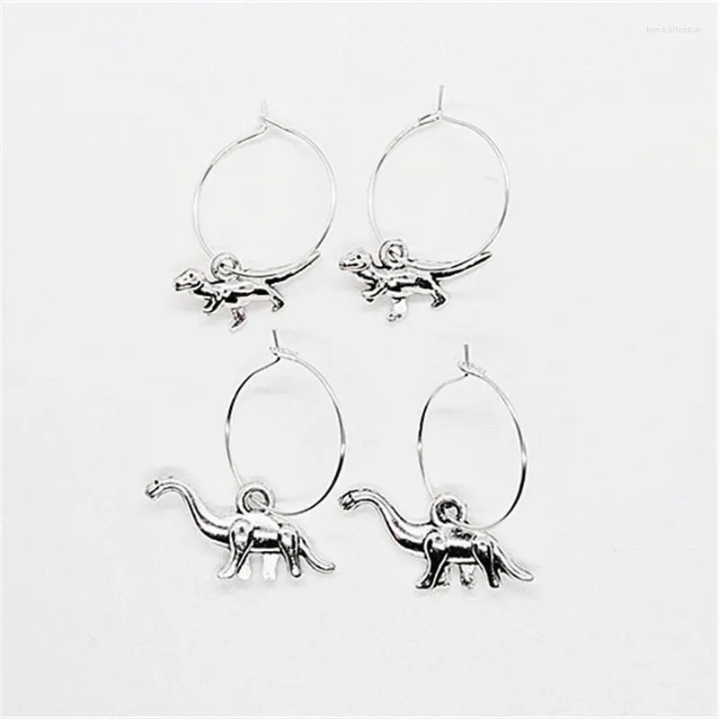 Boucles d'oreilles pendantes 2 paires, couleur argent Antique, cerceau de dinosaure de dessin animé 3cm mignon