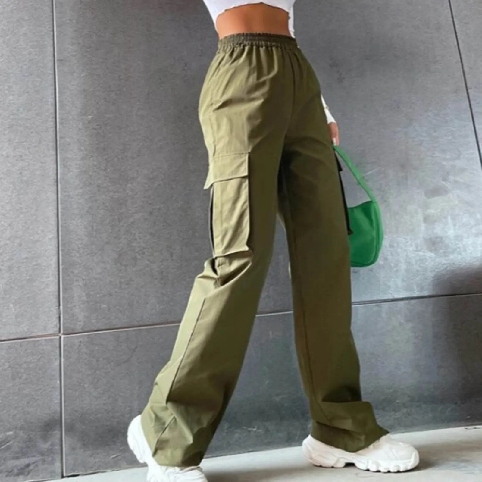Kadın Pantolon Capris Kadın Cepleri Günlük Moda Katı Tahiller Orta Bel Elastik Gevşek Kargo Sokak Giyim Yüksek Kaliteli Pantolon 230905