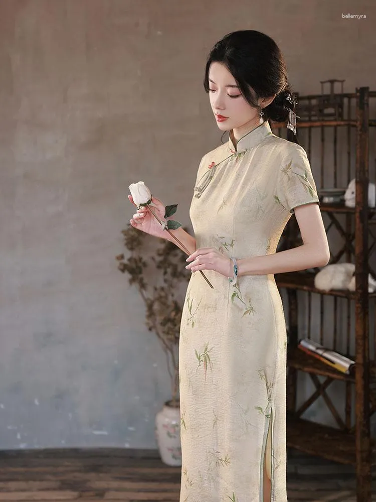 Vêtements ethniques Élégant Feuille de Bambou Lin Longue Cheongsam Casual Banquet Quotidien Chinois Robe De Style Traditionnel Qipao Pour Les Femmes