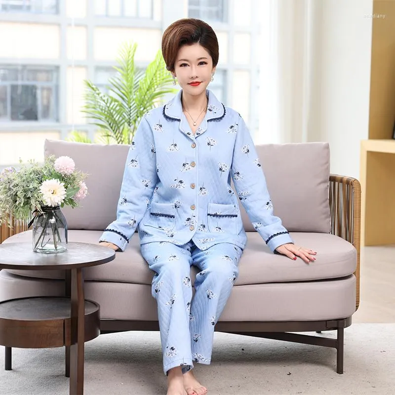 Pyjama en coton à Clip pour femmes, vêtements de nuit épais et chauds, motif Floral, Cardigan à manches longues, élégant, Pijama féminin