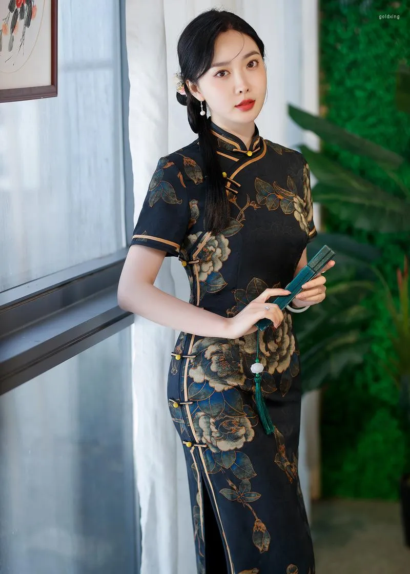 Etniska kläder kvinnor kinesiska traditionella eleganta retro mandarin krage qipao svart blommig tryck cheongsam long qi pao