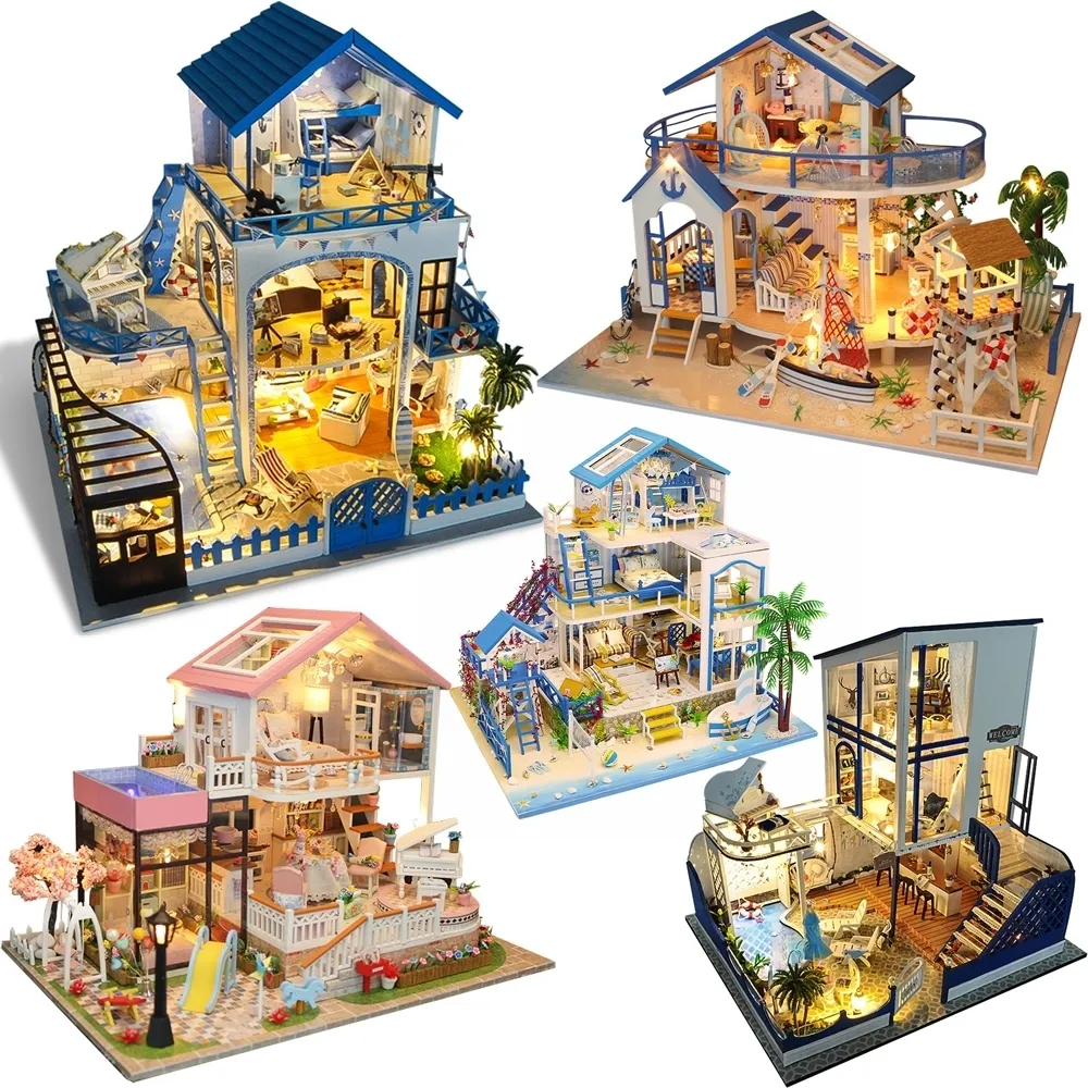 Akcesoria dla lalek DIY Drewniana lalka dom z meblami miniaturowe zestawy budowlane egejskie morze willa wielkie zabawki dla lalki dla dzieci Prezenty 2309905