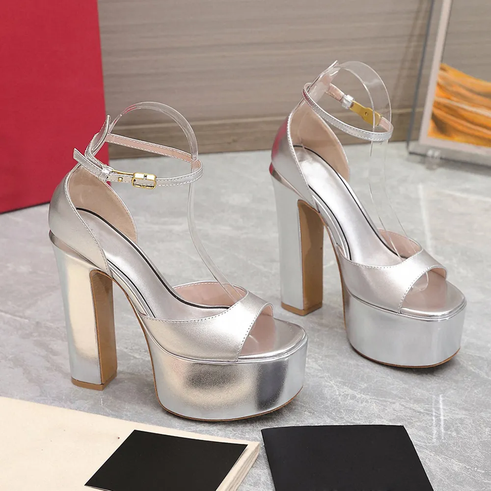 Platform Sandalet Pompaları Elbise Ayakkabı Altın Gerçek Deri Yüksek topuklu ayak bileği kayış tıknaz topuklar 155mm açık ayak parmağı kadın lüks tasarımcı ayakkabıları kutu