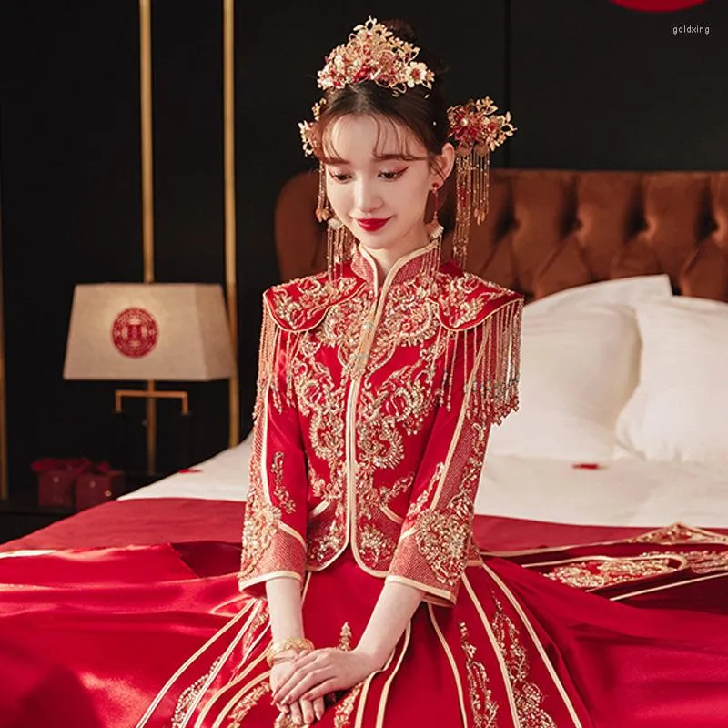 Etniska kläder Eleganta kinesiska stilsekvenser Beading Tassels Wedding Dress Utsökt Mandarin krage äktenskap cheongsam