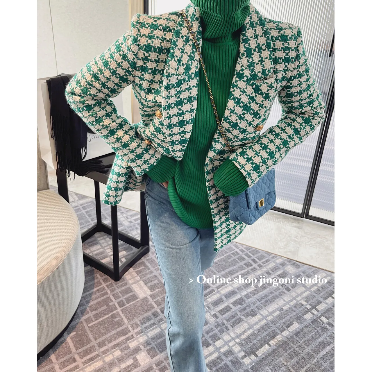 Mélanges de laine pour femmes hiver vert Plaid femmes Trench manteaux laine lourde Tweed vestes Blazer vêtements de mode coréenne Y2k urbain Chic pardessus 230905