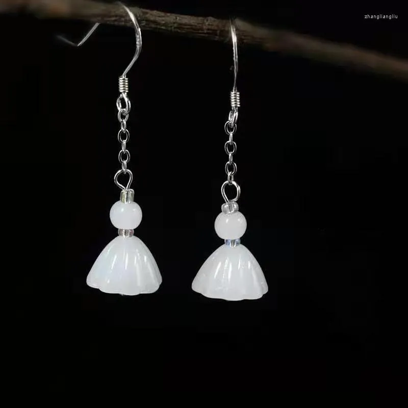 Dangle Earrings Customized 925 Silver Natural White Jade Lianpeng Accessories DIY Jewellery Hand-Carved Woman Luck Amulet Gifts