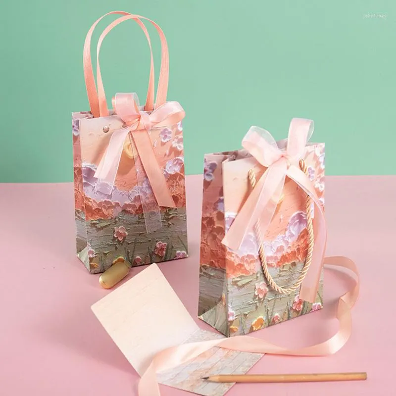 Gift Wrap 1pc Wedding Oil Painting Paper Bag Storage Package Flower Packaging Shopping Tote Handbag Cream