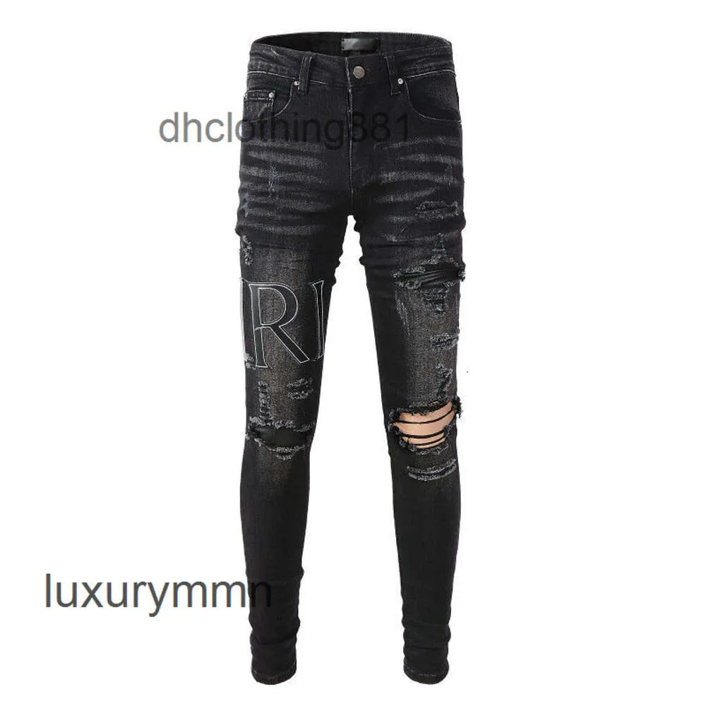 Jeans designer Amirrss Heren Nieuwe veelzijdige wasgat steken leer borduren slim fit legging jeans broek heren high street fashion AV14