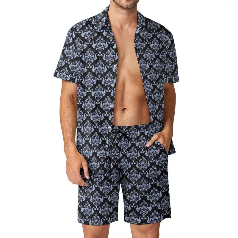 Мужские спортивные костюмы, синие дамасские мужские комплекты, повседневные шорты с ретро-принтом, летняя модная пляжная рубашка, комплект с короткими рукавами, костюм большого размера, подарок
