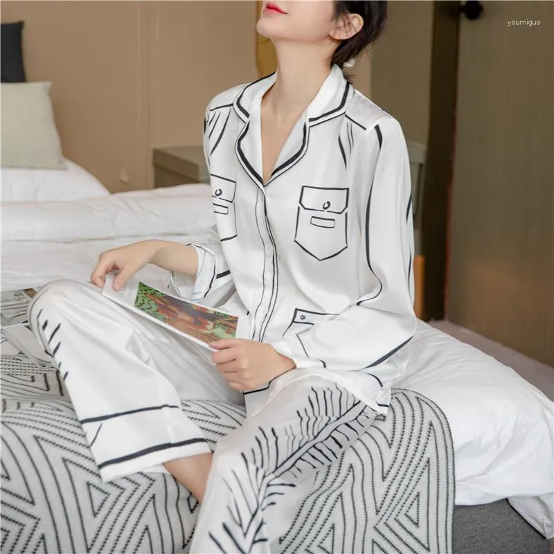 Pijamas femininos com estampa branca, conjunto de pijamas de manga comprida, calças soltas para dormir, primavera verão, 2 peças