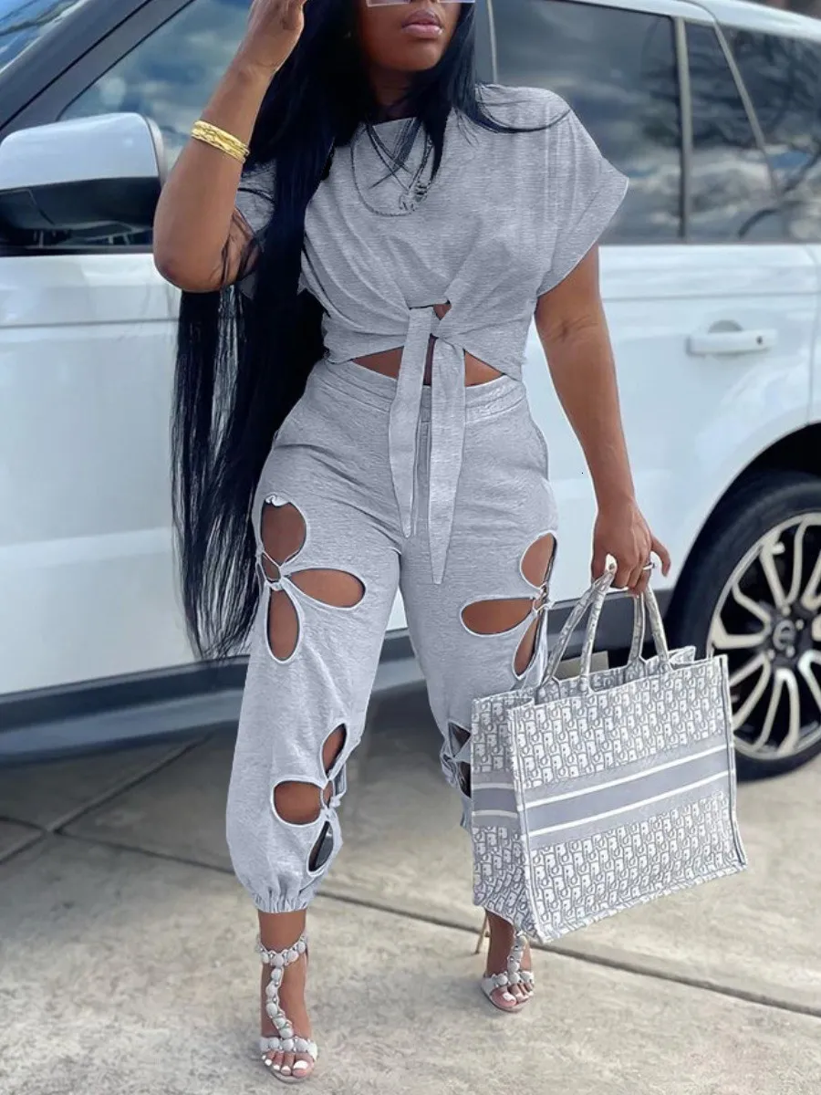 Women's Plus Size Tracksuits LW Cut Out Bandage Design Pants Set Elegant Suit 2 Piece Women Sexy short Sleeve Top Hollow Ladies Sets 230906