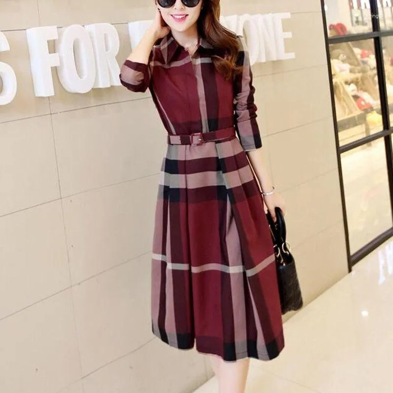 Women's Plaid Midi Dress - Long Sleeve A-Line Korean Fashion Slim Party  Dress with Belt