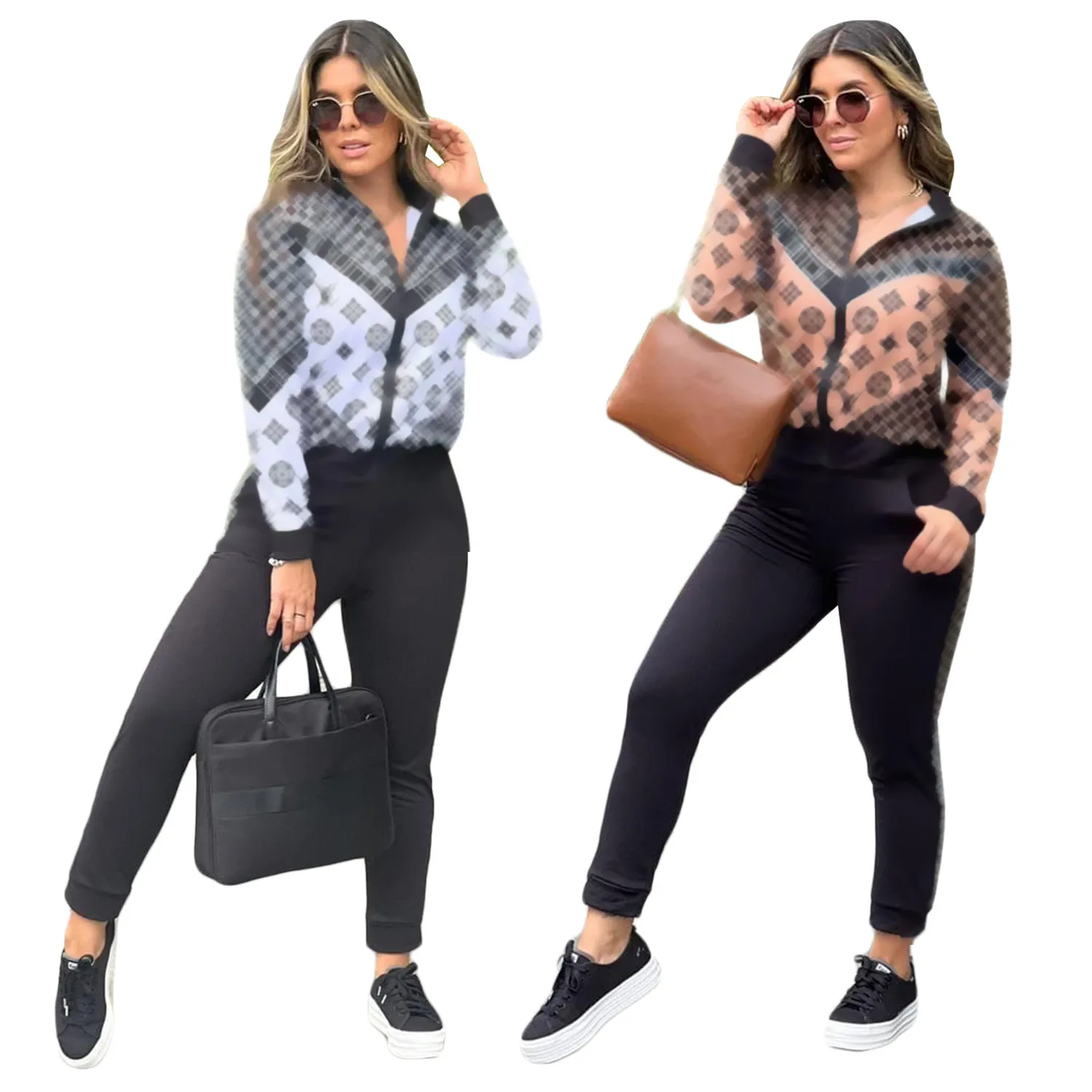 Designer feminino outono calças de manga longa conjunto famoso impresso carta casual designer duas peças conjuntos treino roupas esportivas