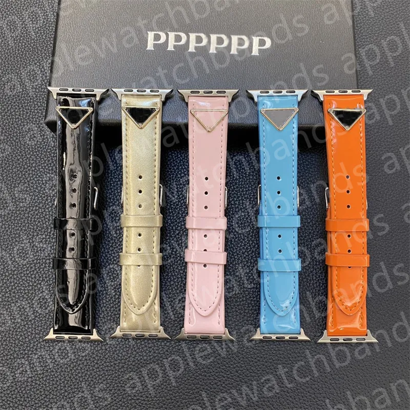 Designer Apple Watch Band Strap for apple watch bands ultra series 8 3 4 5 6 7 iwatch Bands 38mm 42mm 44mm 49mm Luxury Bright Leather Metal Triangle P ap Smart Straps