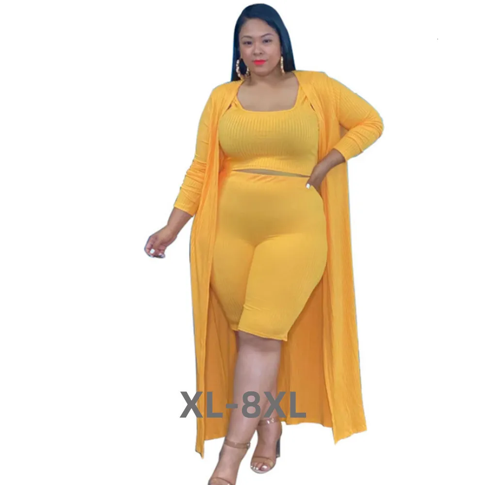 Chandal De Talla Grande Para Mujer Conjunto De Tres Piezas Para Mujer Ropa Acanalada Chaleco Tops Y Pantalones Cortos Abrigo De Manga Larga Otono Casual Punto 3XL 4XL 5XL 6XL 230905