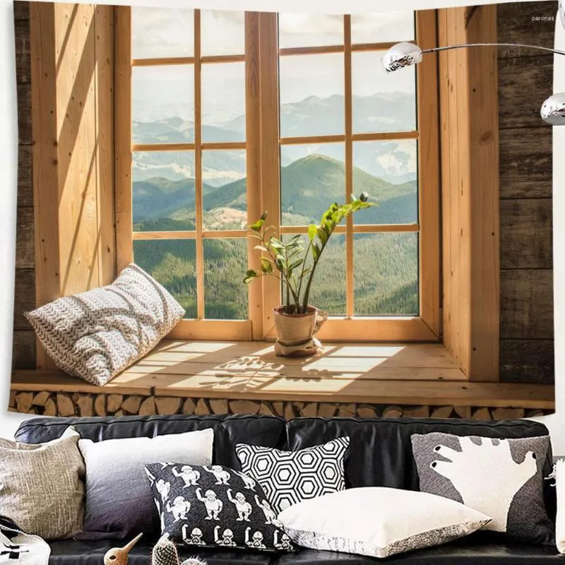 Tapisseries Imitation fenêtre paysage de montagne tapisserie mer à l'extérieur de la forêt tenture murale maison chambre dortoir décor couverture en tissu