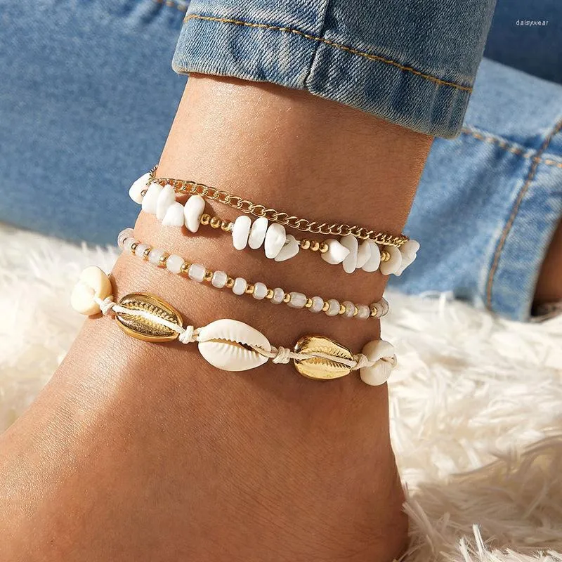 Fußkettchen 4 teile/satz Handgemachte Boho Kies Geflochtenes Seil Perle Knöchel Armband Vergoldet Sommer Strand Fuß Ketten Western Schmuck Geschenk