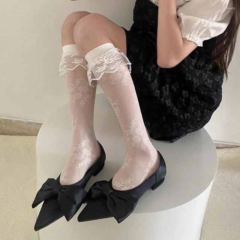 Damen Socken weiß transparent schwarz mit Rüschen kniehoch lang JK Lolita Japanischer Stil Kawaii Niedliche Spitze Blumen Fußstrümpfe